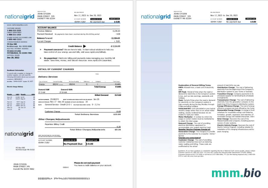 USA Nationalgrid electric rachunek za media formaty Word i PDF, 2 strony